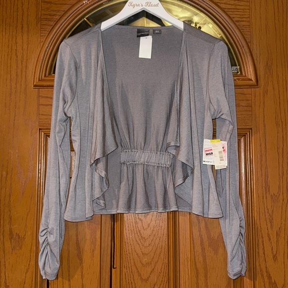 NWT! Covington Sterling Grey Ruched Long Sleeve Open Front Draped Shrug Cardigan - Picture 6 of 15